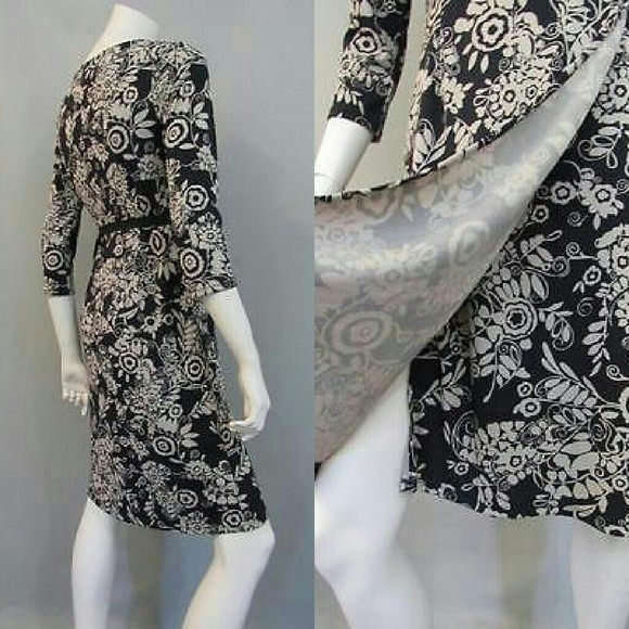 ANN TAYLOR WRAP DRESS Black Tan Floral LONG SLEEVE SZ 4 SMALL WOMENS NWOT - Picture 2 of 5